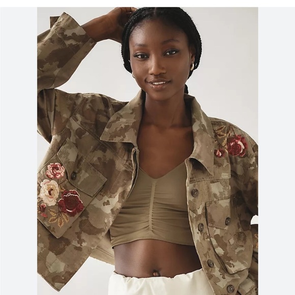 Anthropologie By Anthropologie Embroidered Camo Utility Jacket Oversized XXS 50 - Picture 1 of 12